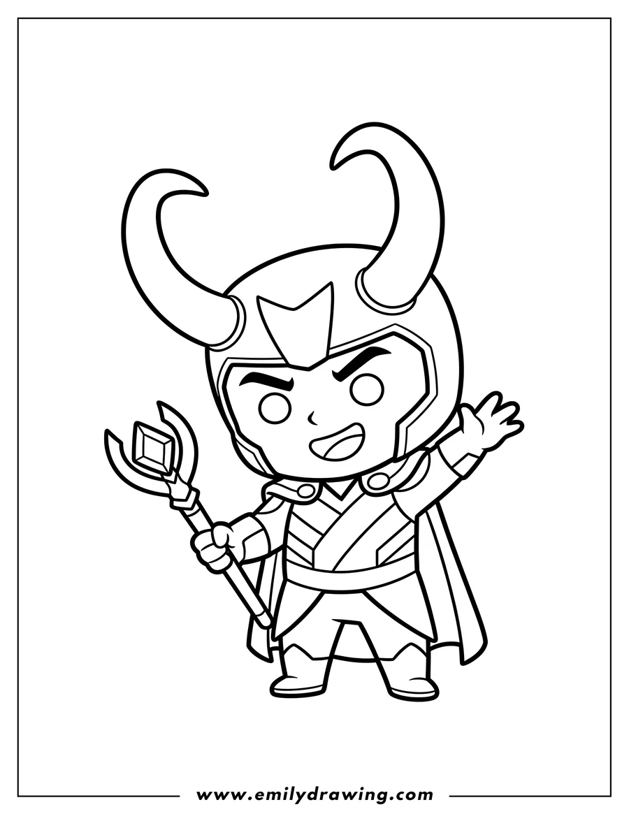 Free to print drawing of easy Chibi Loki Smirking, holding a scepter and raising a hand, for preschoolers