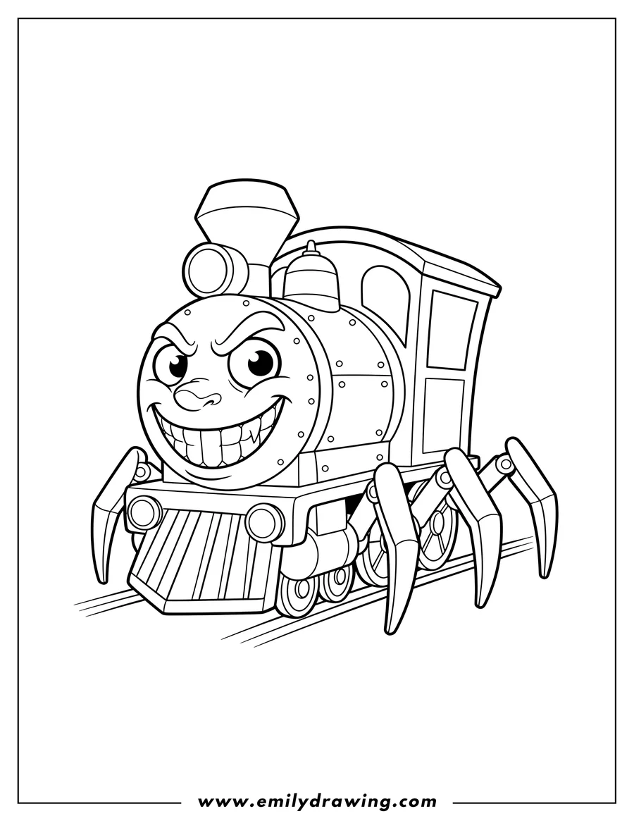 Downloadable coloring page of easy Choo Choo Charles spider train with a scary face