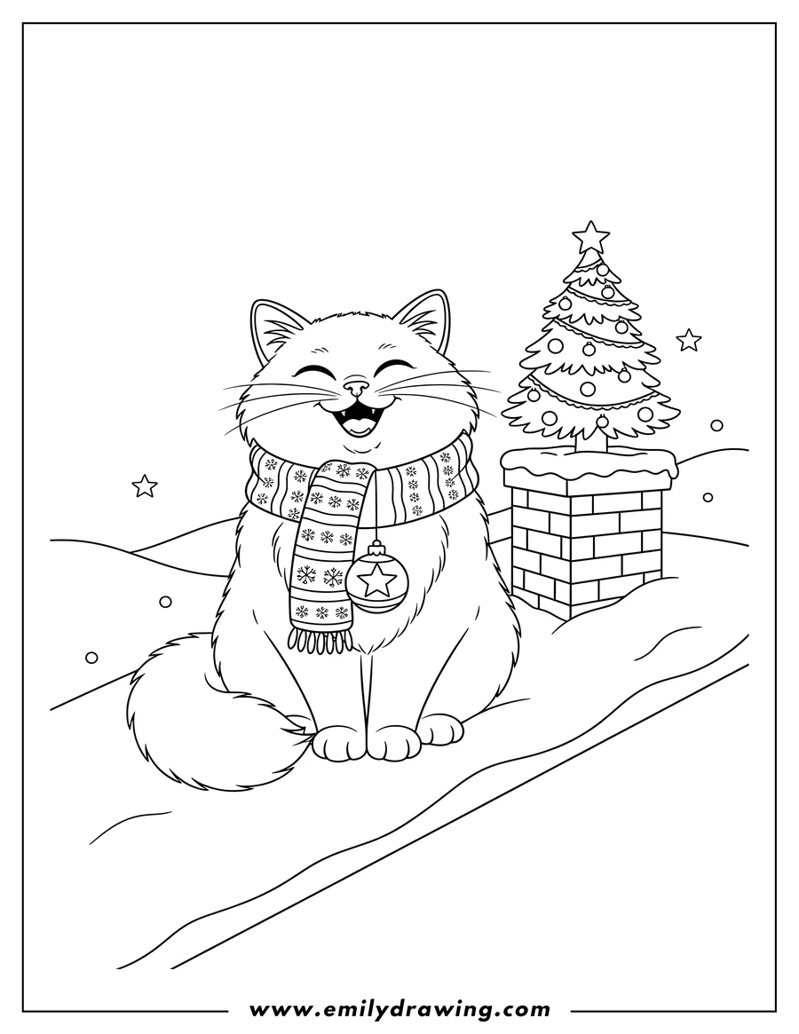 Black and white line art of christmas Cat smiling, sitting on a snowy rooftop, wearing a patterned scarf with an ornament, beside a chimney topped with a snowy Christmas tree