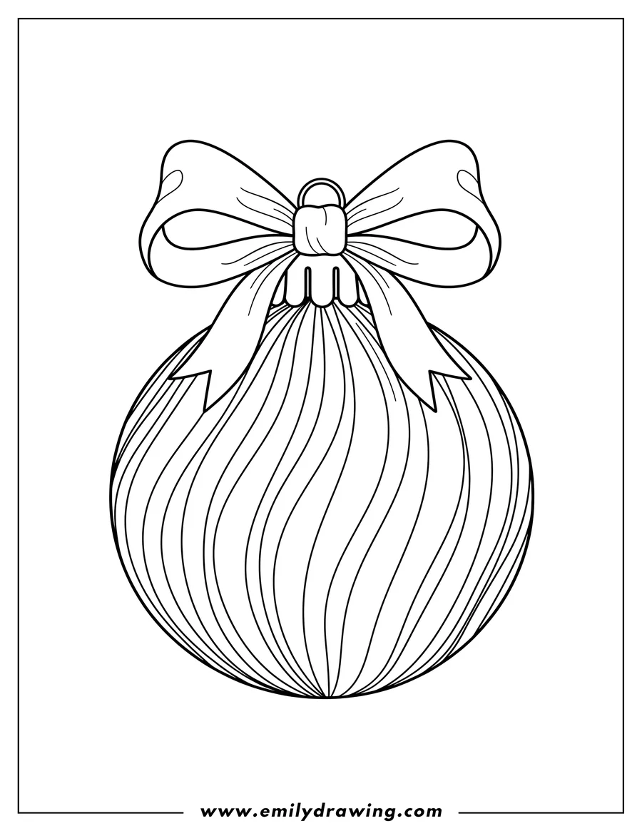 Coloring page for kids: christmas ornament with a large bow and ribbed cap