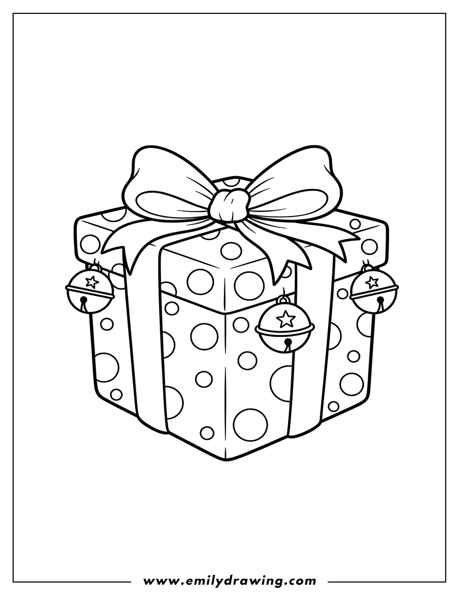 Black and white line art of easy Christmas Present with a bow on top, polka dots, and jingle bells