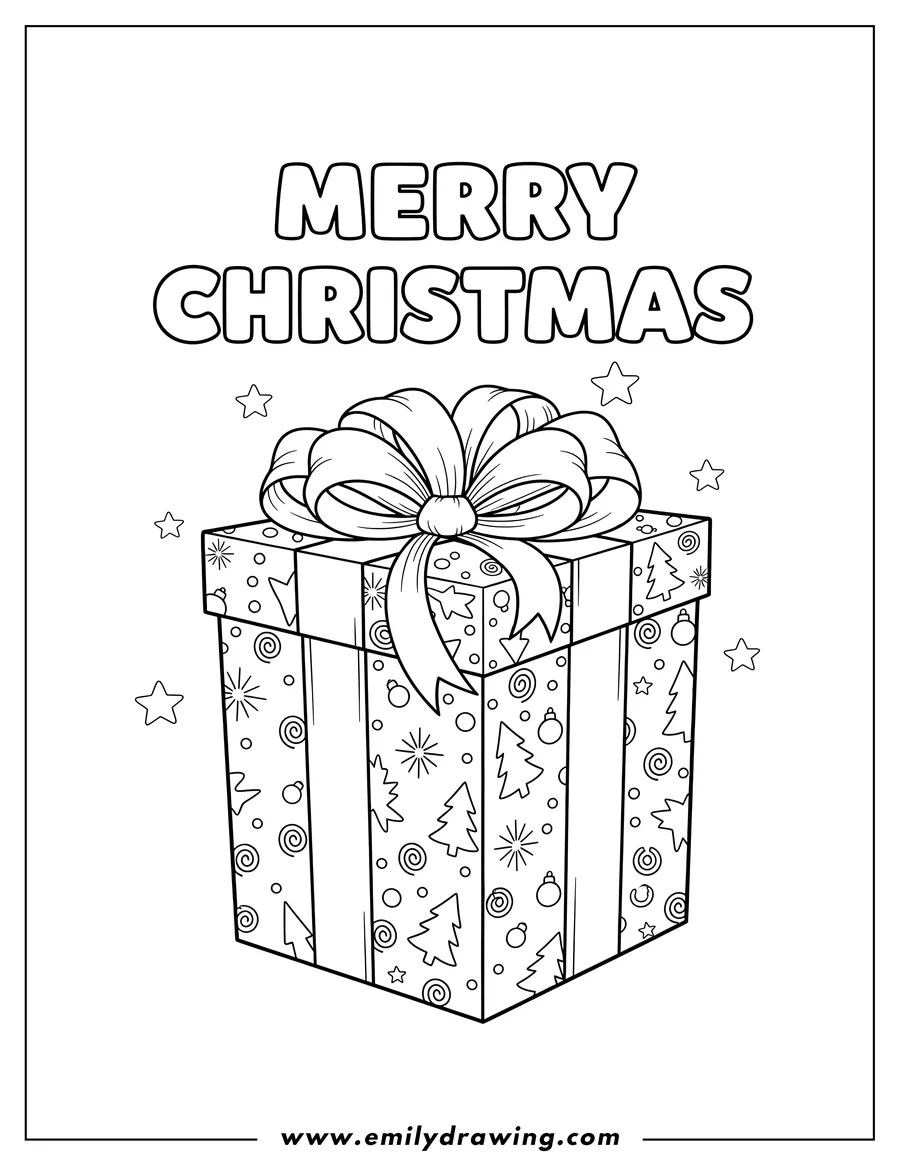 Printable line art of christmas present wrapped with ribbon and bow, featuring a Christmas tree pattern, with 'MERRY CHRISTMAS' text above, coloring page