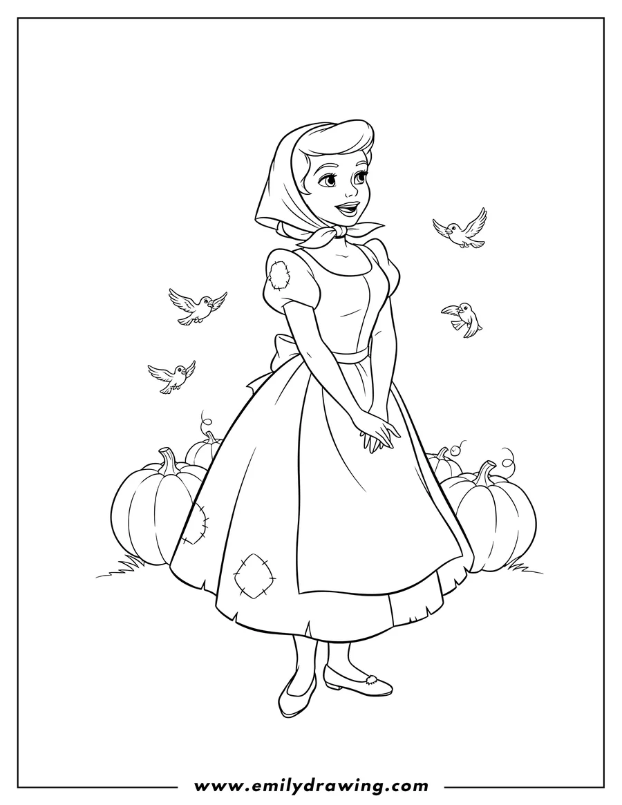 Free to print drawing of cinderella in her normal clothes, smiling and looking to the side