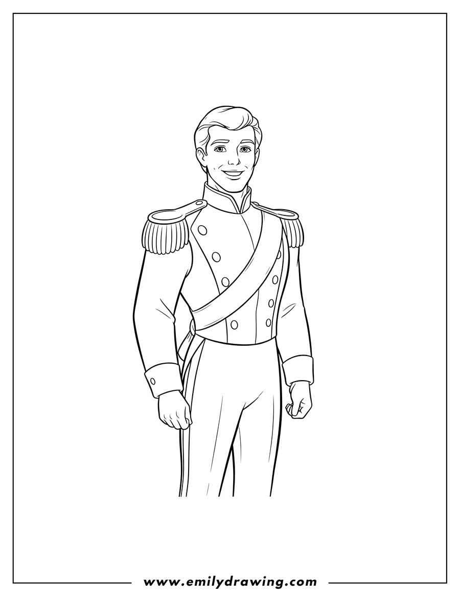 Coloring page of easy Cinderella Prince Charming, standing in uniform, smiling