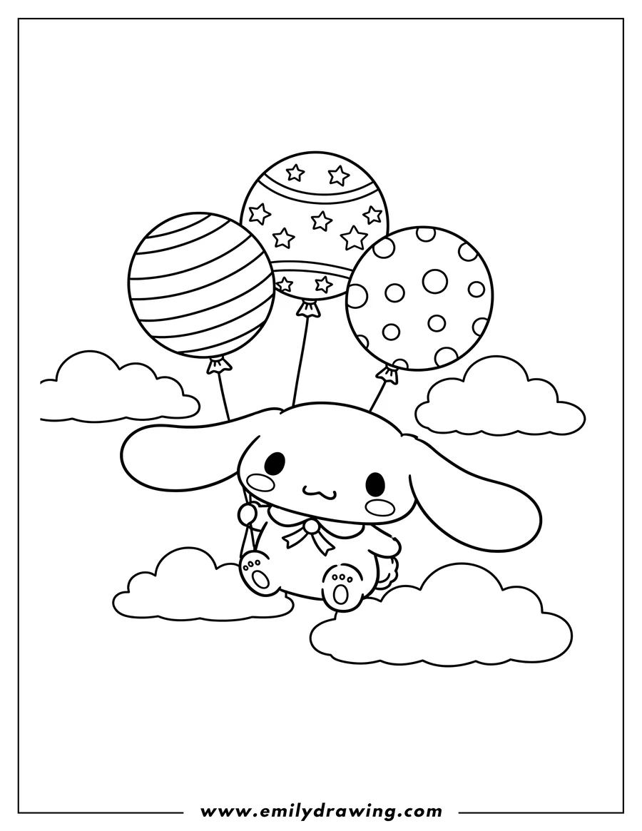 Linear illustration of cinnamoroll floating with three balloons among clouds