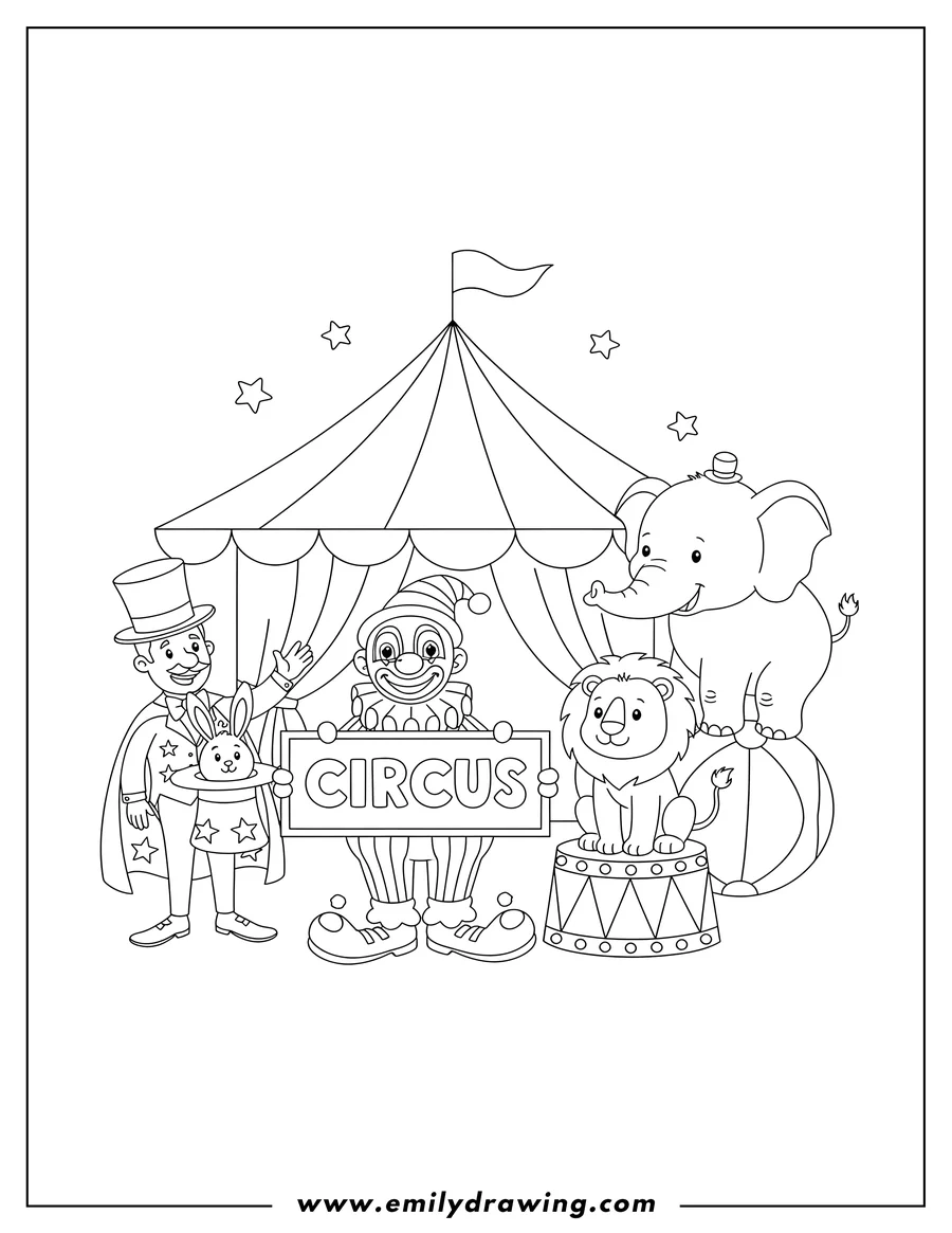 Black and white line art of easy Circus with clowns (one holding a 'CIRCUS' sign), a magician, a lion sitting on a drum, and an elephant balancing on a ball