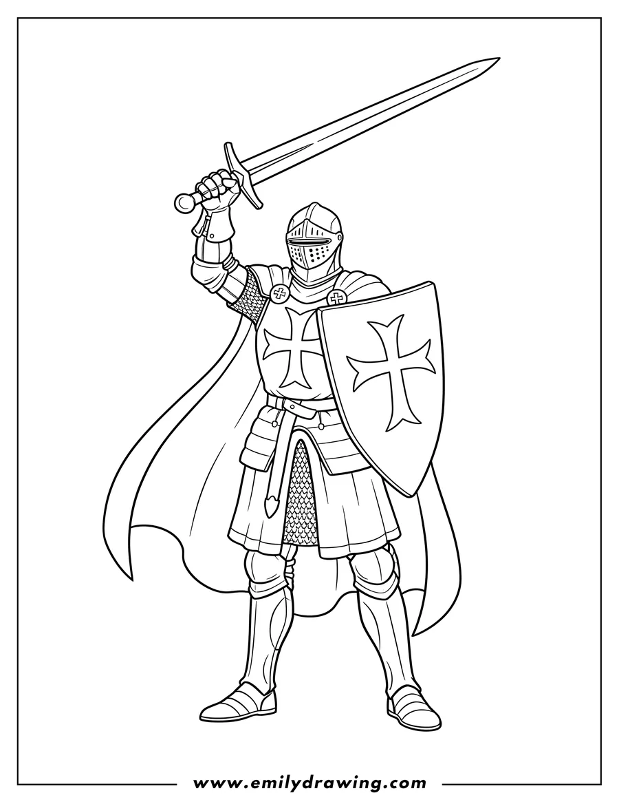 Coloring page for kids: classic Crusader Knight in full armor with a cross emblem, holding a sword raised overhead