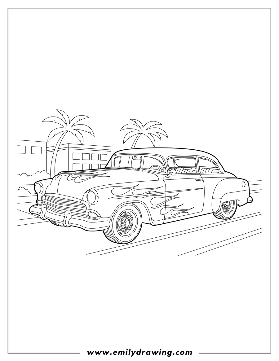 Linear illustration of classic lowrider car with flame design and custom wheels, parked on a street