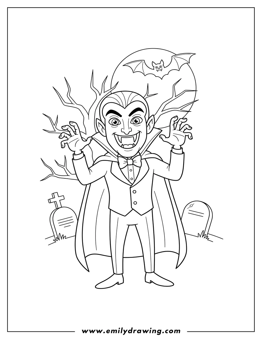Printable line art of classic Vampire with fangs bared and hands raised in a creepy graveyard