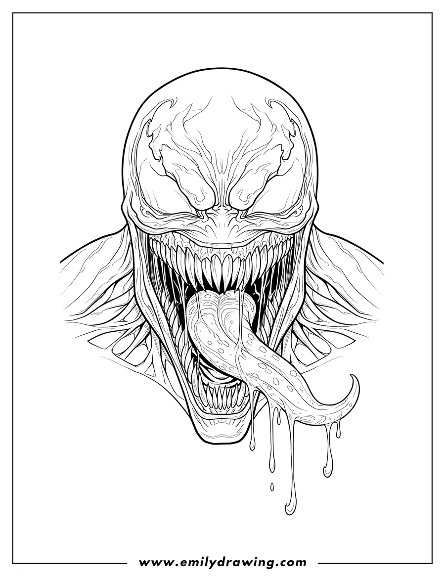 Free printable coloring sheet of close Up Carnage Growling with wide open mouth, sharp teeth, and long drooling tongue