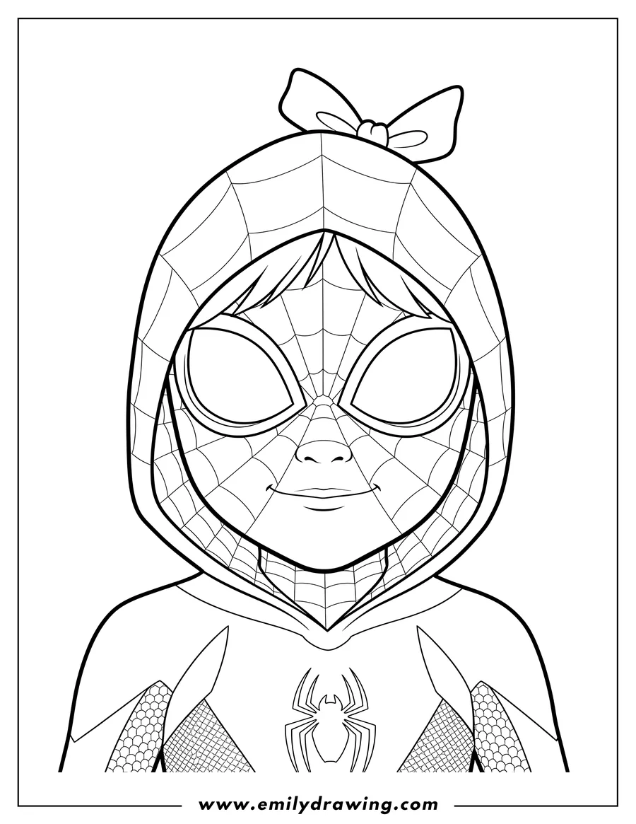 Downloadable coloring page of close Up Spider Gwen Preschoolers wearing her hooded mask