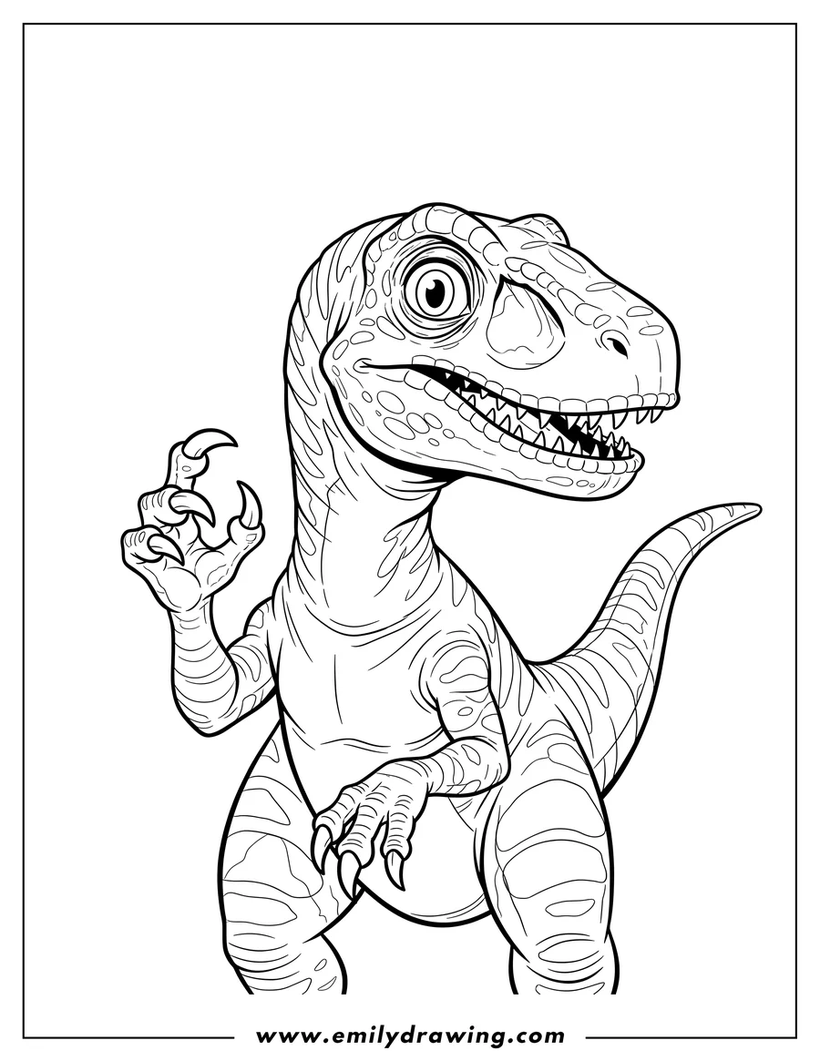 Simple sketch of A close-up Velociraptor looking to the side, showing its sharp claws to color