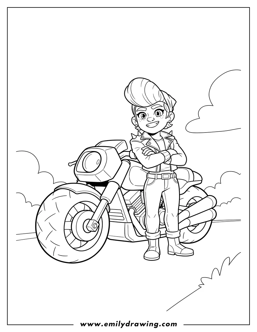 Clean line drawing: easy Colette with crossed arms leaning against her motorcycle and smiling, outline