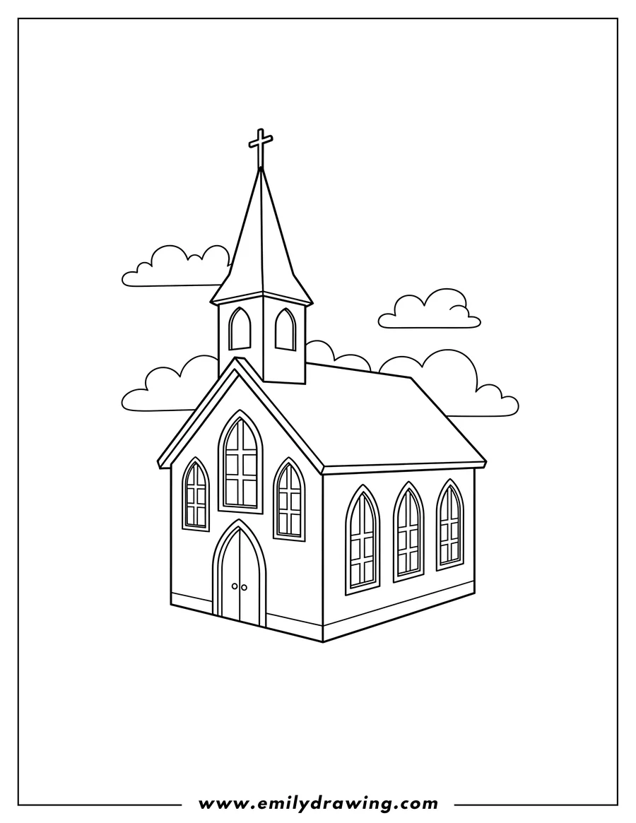 Coloring page of angled View Small Church Building with a steeple, cross, and arched windows