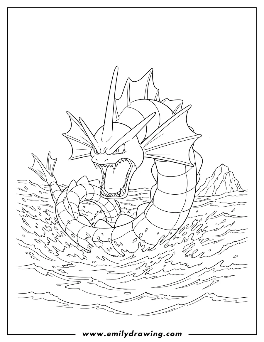 Coloring page for kids: angry Gyarados swimming in the ocean with an open mouth and large fins