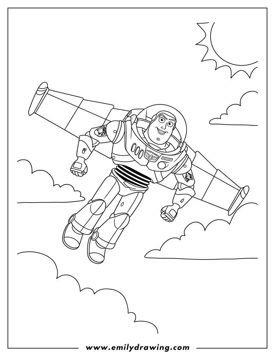 Simple sketch of buzz Lightyear flying with wings extended in the sky to color