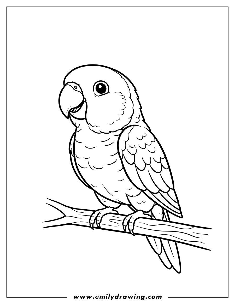 Printable line art of easy To Color Caique Parrot standing and looking to the left