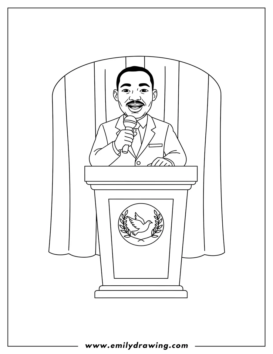 Simple sketch of cartoon Martin Luther King Jr Speaking On Lectern, holding a microphone and with one hand on the lectern to color