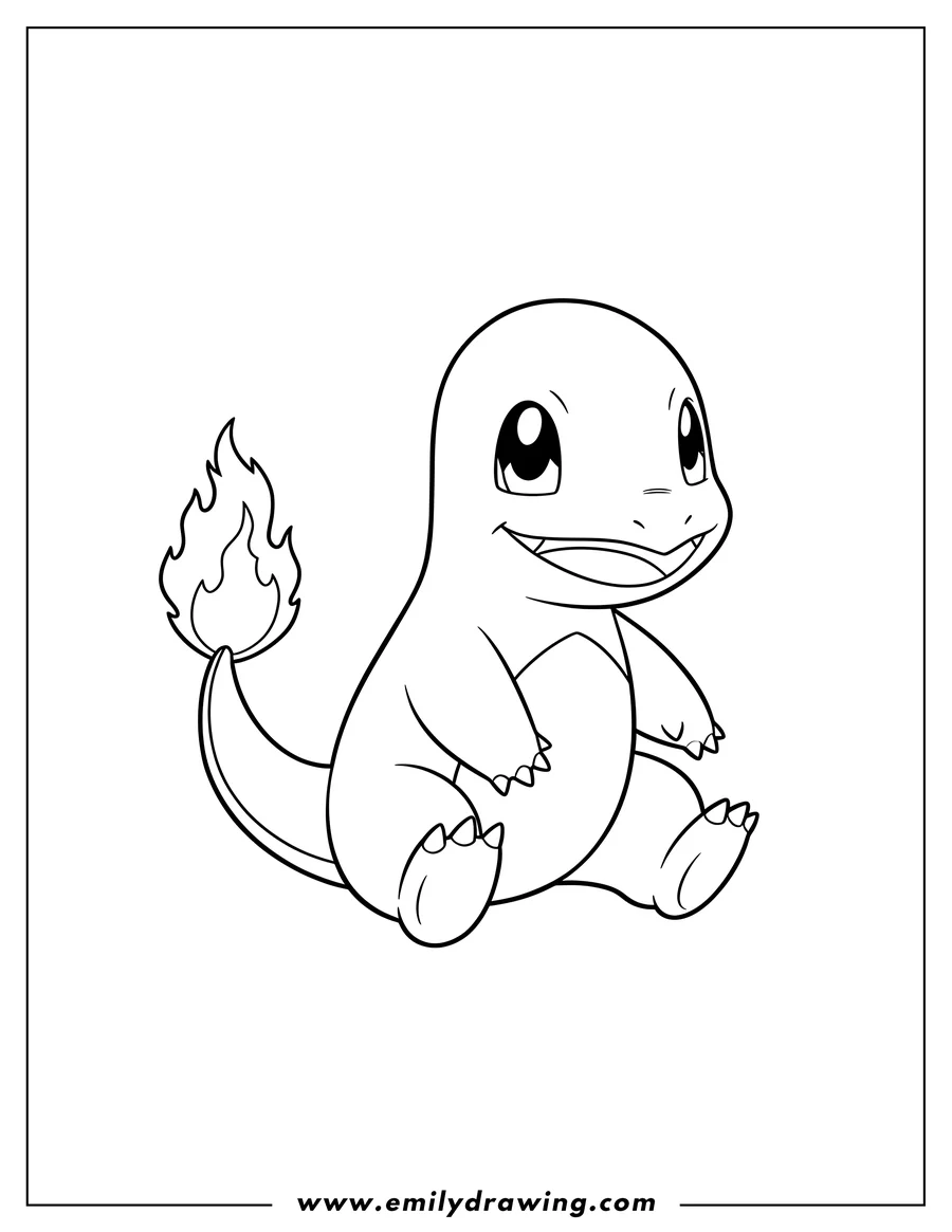 Linear illustration of charmander from video games, sitting, smiling, with a flame on its tail
