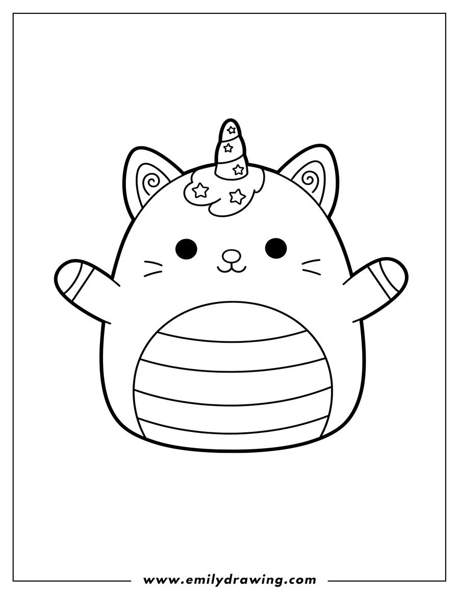 PDF style coloring page: ciena Caticorn Squishmallow with a striped belly