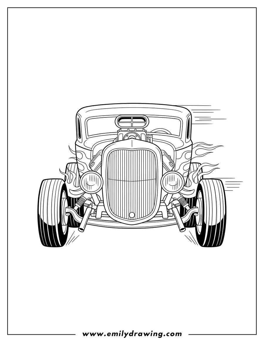 Vector style outline of cool Hot Rod with flames and supercharger, speeding, front view