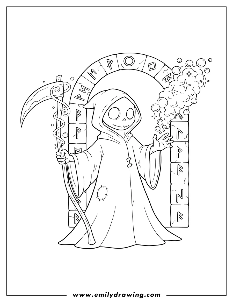 Simple sketch of dark Grim Reaper holding a scythe and performing sorcery under an arched portal with runes to color