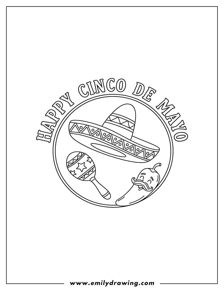 Linear illustration of festive Happy Cinco De Mayo lettering in a circular banner, with a sombrero, maraca, and jalapeno inside