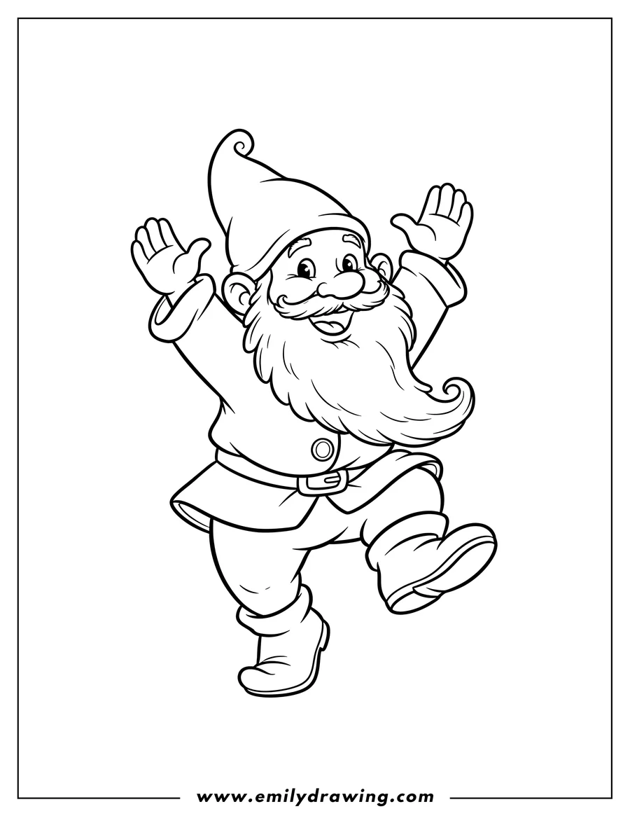 Downloadable coloring page of happy Dwarf broadly smiling and dancing with hands raised for Preschoolers