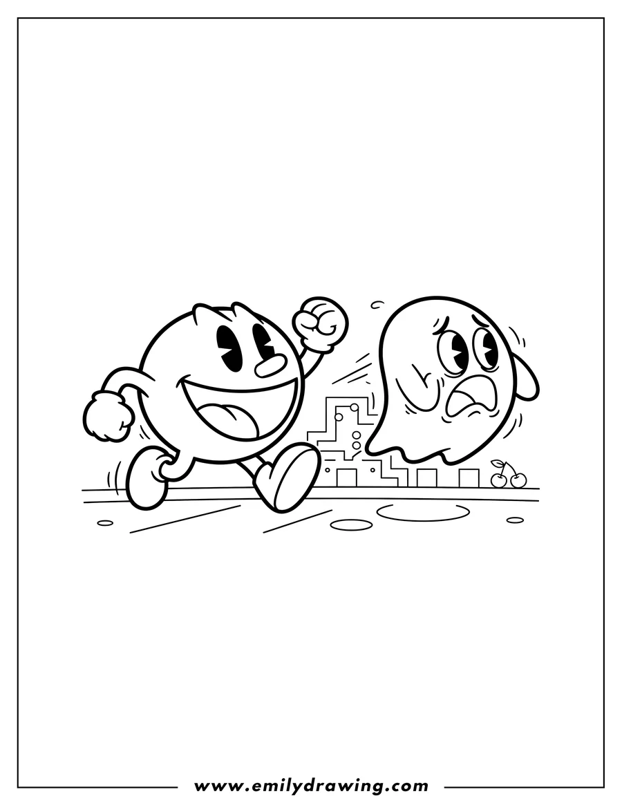 Coloring page of happy Pac Man with open mouth and arms running towards a scared Cyan Ghost