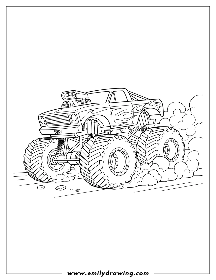 PDF style coloring page: hot Wheels Flaming Monster Truck with a supercharger, kicking up dust
