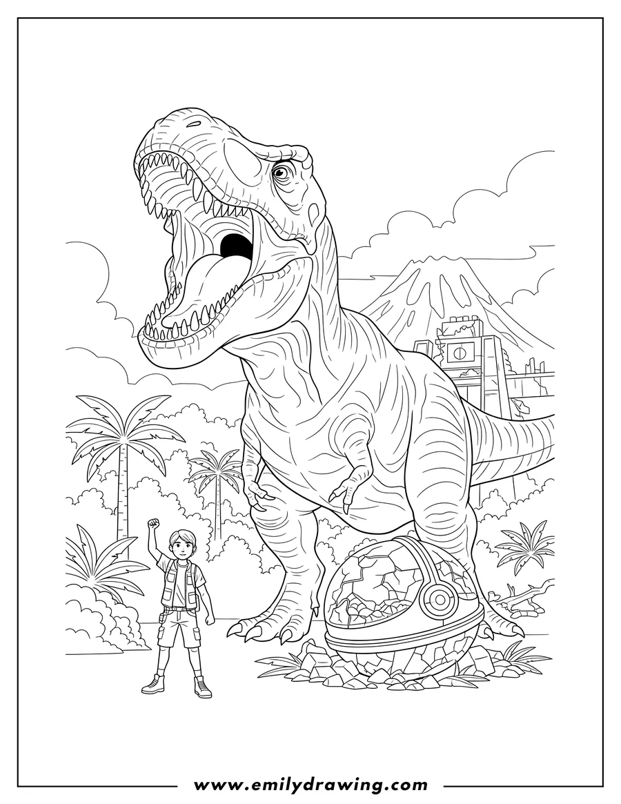 Clean line drawing: jurassic World Movie Poster with a roaring T-Rex, a person, and a damaged gyrosphere