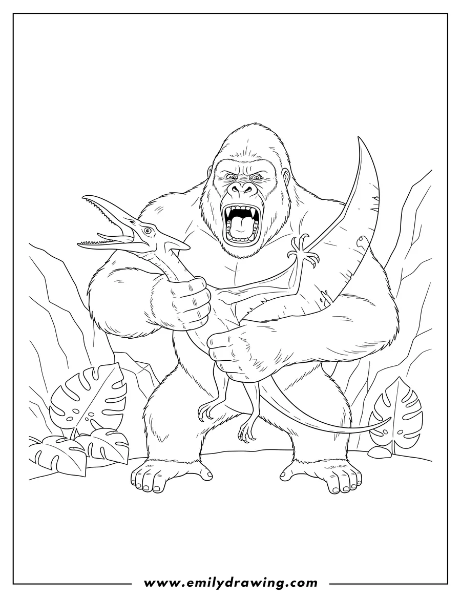 Doodle style coloring picture of king Kong fighting a pterosaur, roaring and holding it