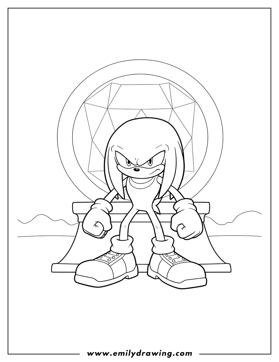 Doodle style coloring picture of knuckles standing with a determined expression in front of the Master Emerald