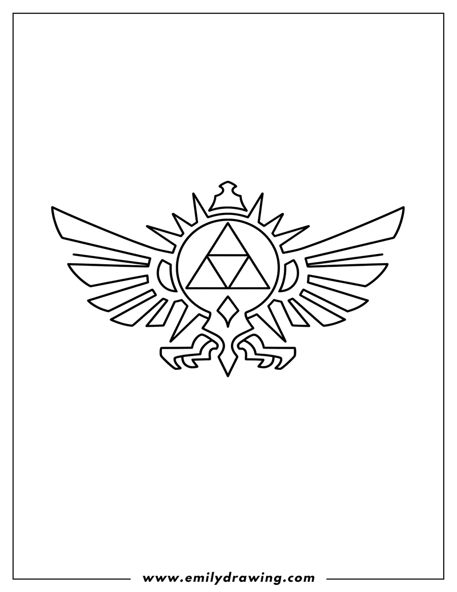 PDF style coloring page: legend Zelda Logo: Triforce and winged crest in a sunburst circle