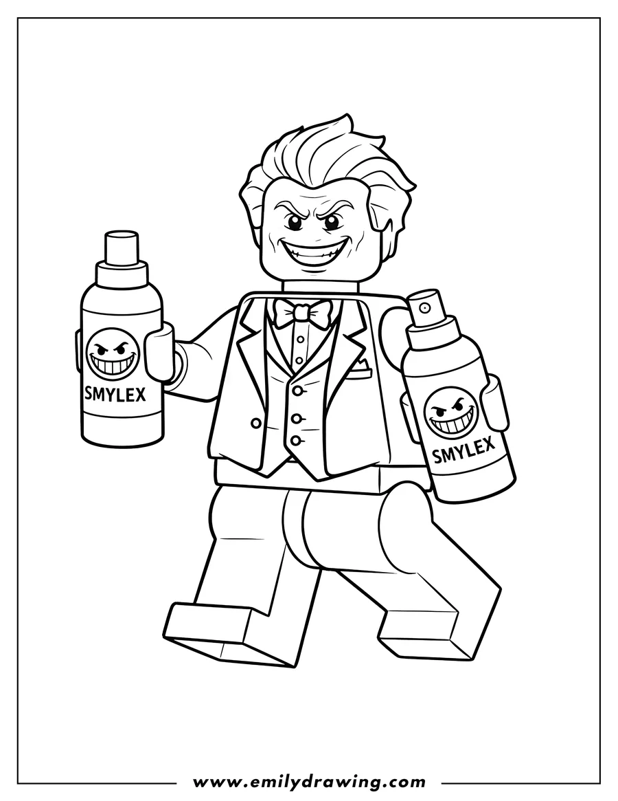 Vector style outline of lego Joker holding two Smylex spray bottles with an evil grin