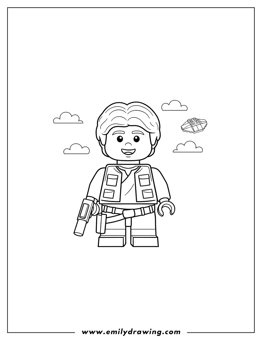 Free printable coloring sheet of lego Star Wars Han Solo Preschoolers smiling and holding a blaster