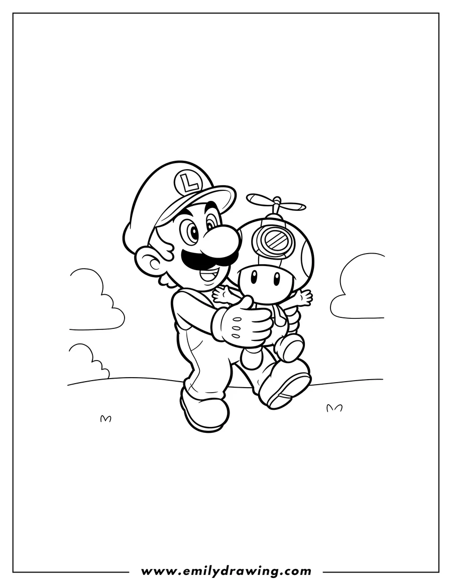 Printable line art of luigi clinging to a small mushroom character in a propeller helmet