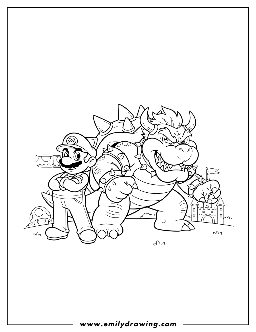 Linear illustration of mario And Bowser Scaled, with Mario's arms crossed and Bowser looking angry