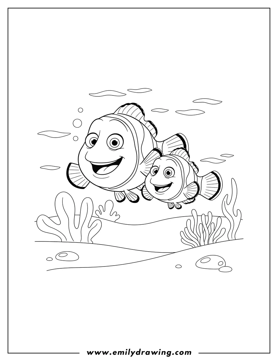 Clean line drawing: finding Nemo Movies: Marlin and Nemo swimming and smiling
