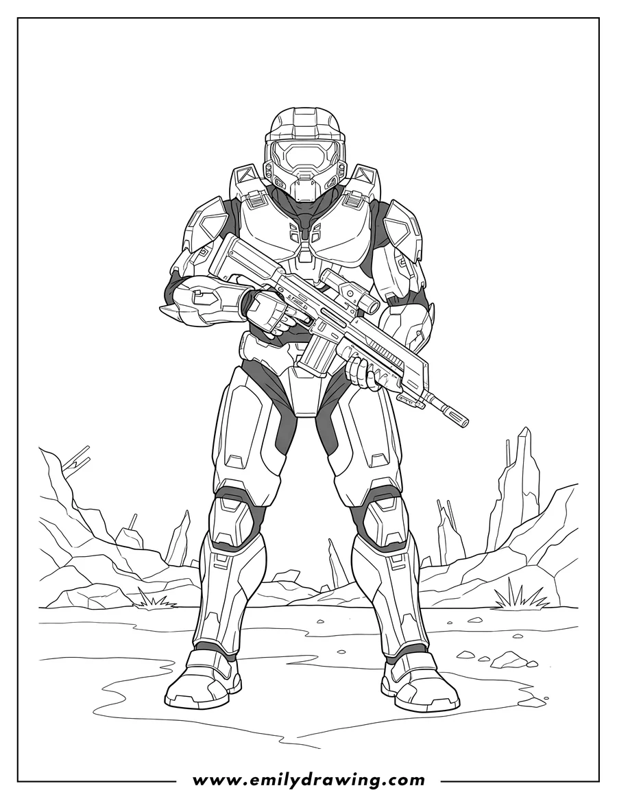 Black and white line art of halo Master Chief standing with a rifle on battlefield