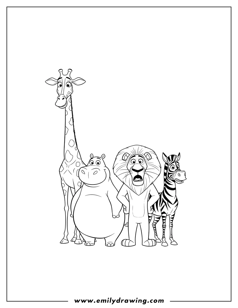 Coloring page of melman, Gloria, Alex, and Marty from Madagascar standing side-by-side, Alex and Marty looking surprised