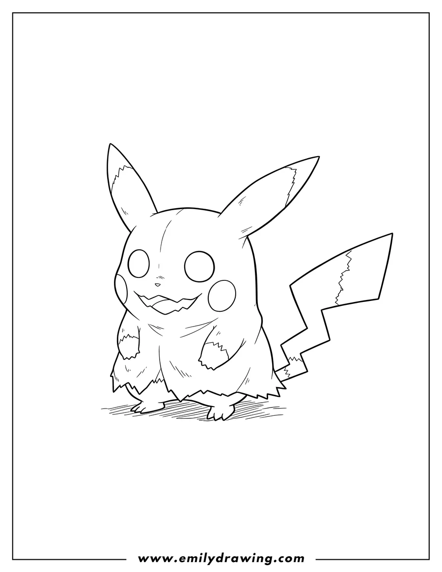 Black and white line art of mimikyu Ghost Eye Pokemon Card, standing and facing right