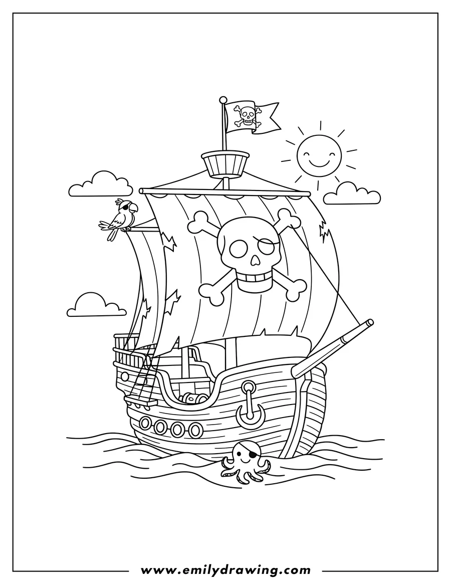 Printable line art of pirate Ship with skull and crossbones on its sails and flag