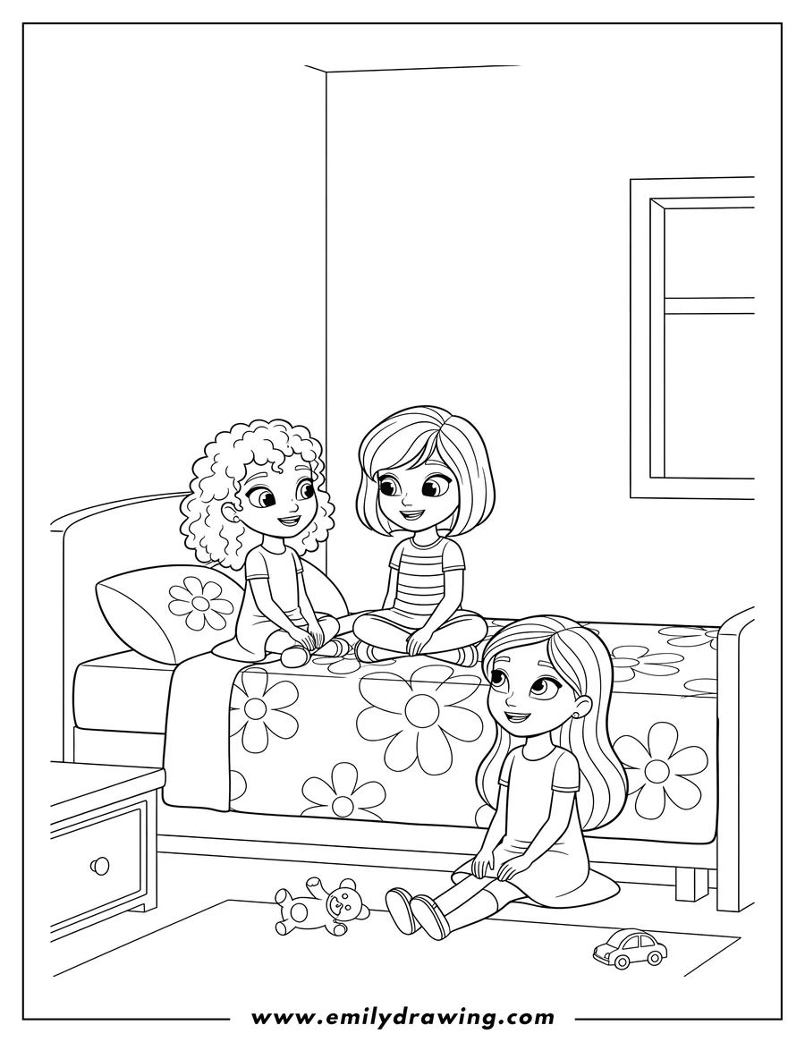 Black and white line art of polly Pocket and Shani Smith sitting on a bed, and Lila Draper sitting on the floor, all smiling