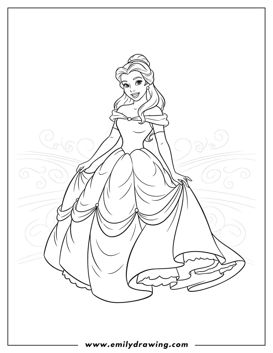 PDF style coloring page: princess Belle in her ballgown, smiling