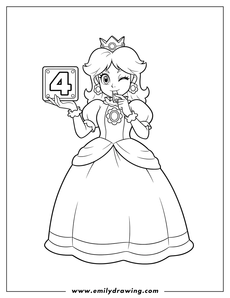 Vector style outline of princess Daisy winking, holding a block with the number 4, and a whistle to her mouth