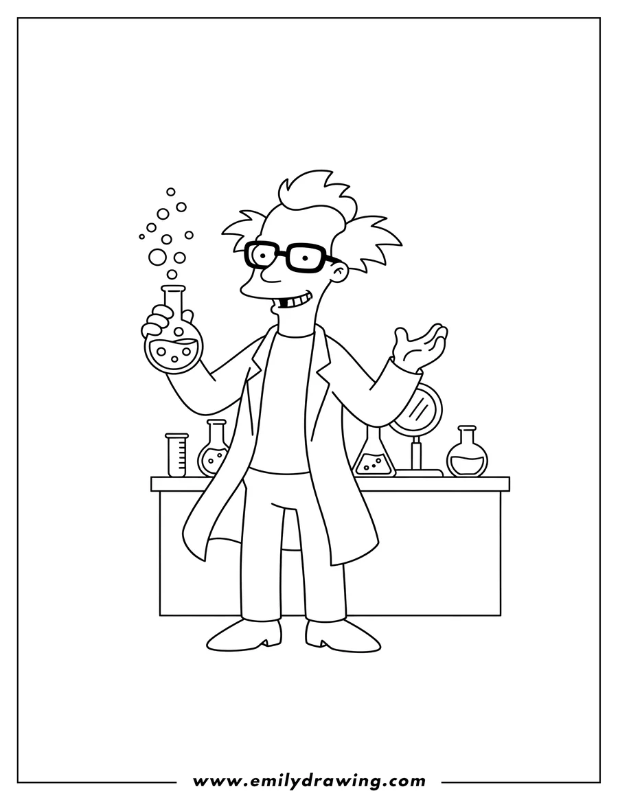 Outline drawing of simple Professor Frink standing in a lab coat and holding a flask