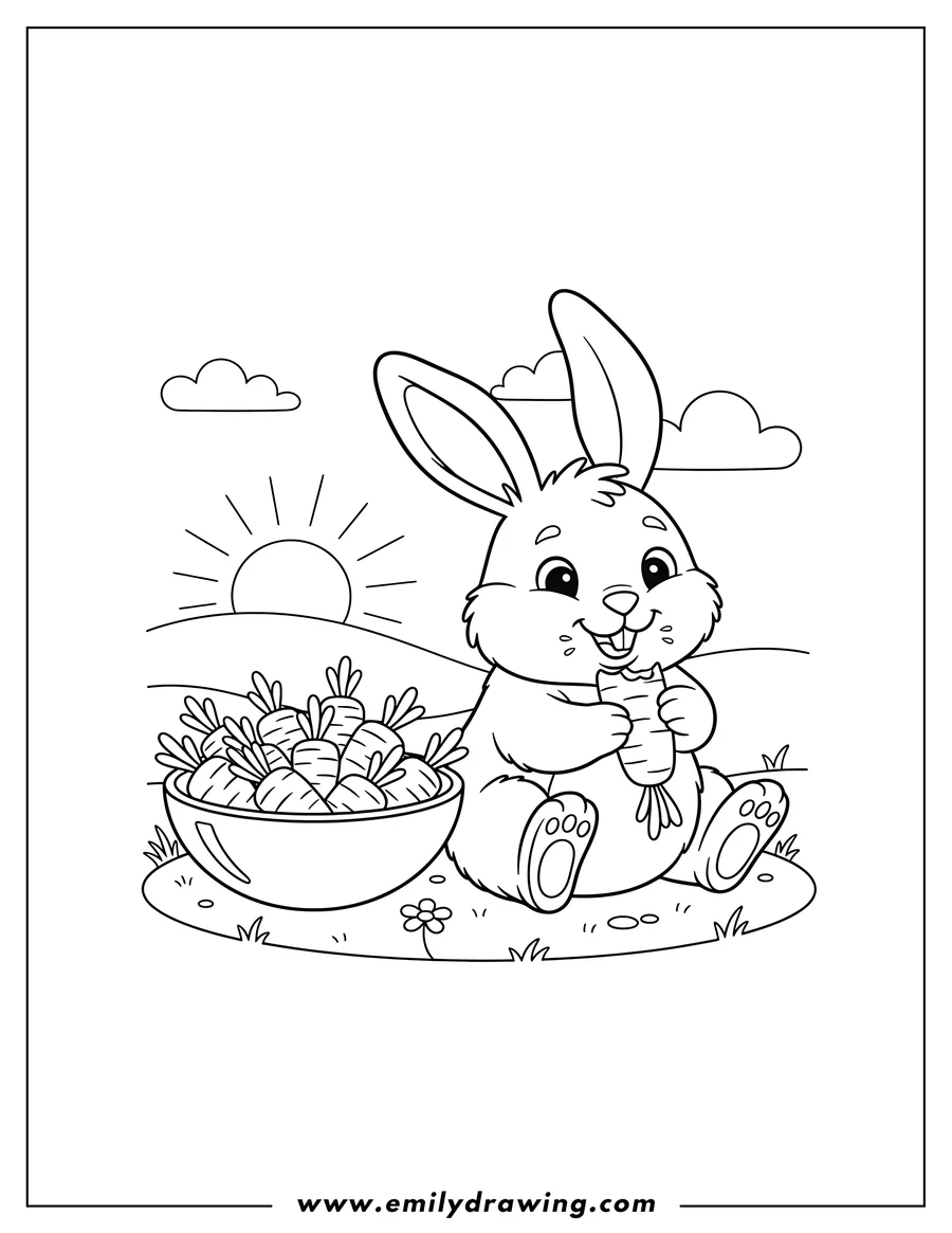 Linear illustration of cartoon Rabbit sitting, holding and eating a carrot, with a bowl of carrots