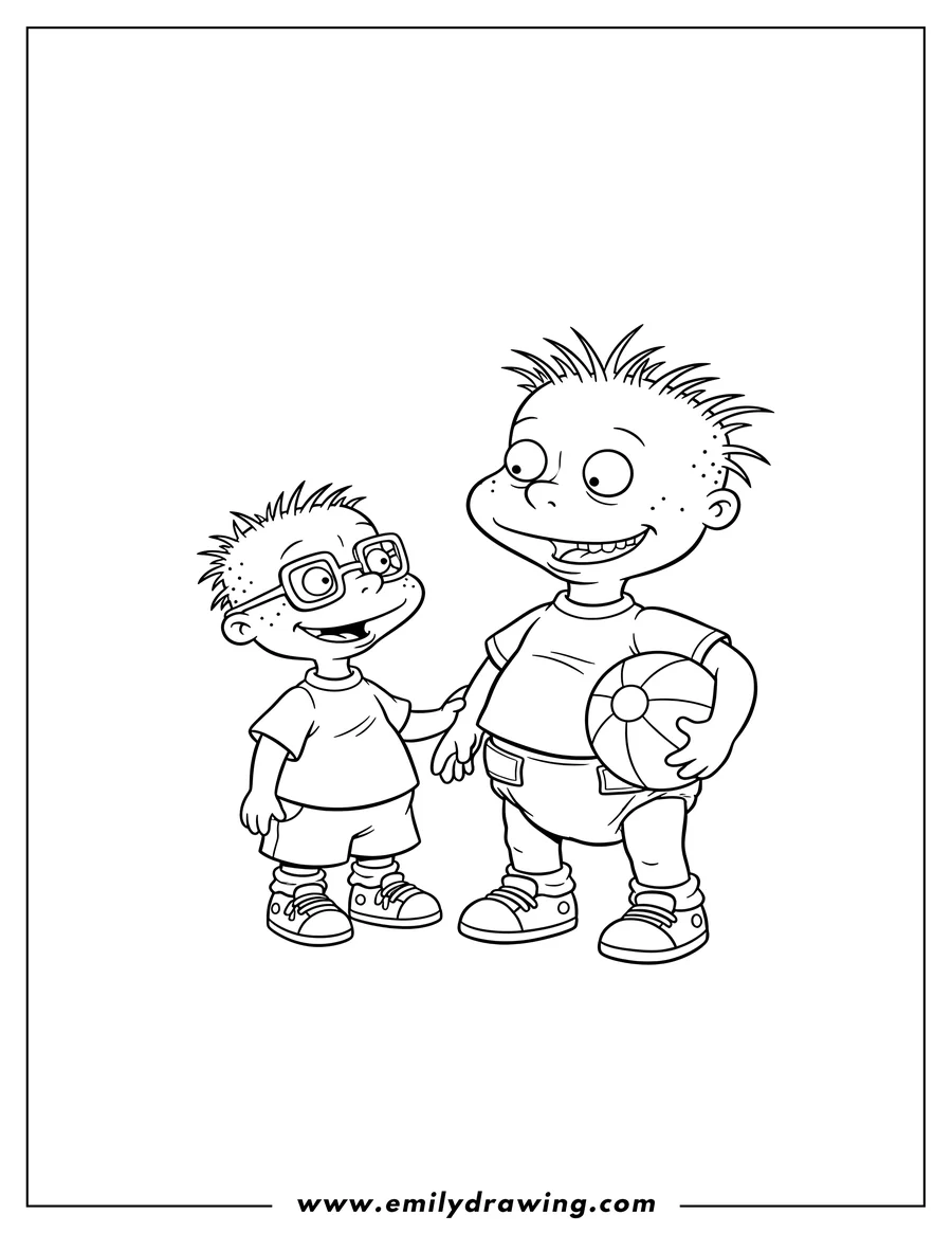 Clean line drawing: rugrats Tv Chuckie and Tommy together, Tommy holding a ball