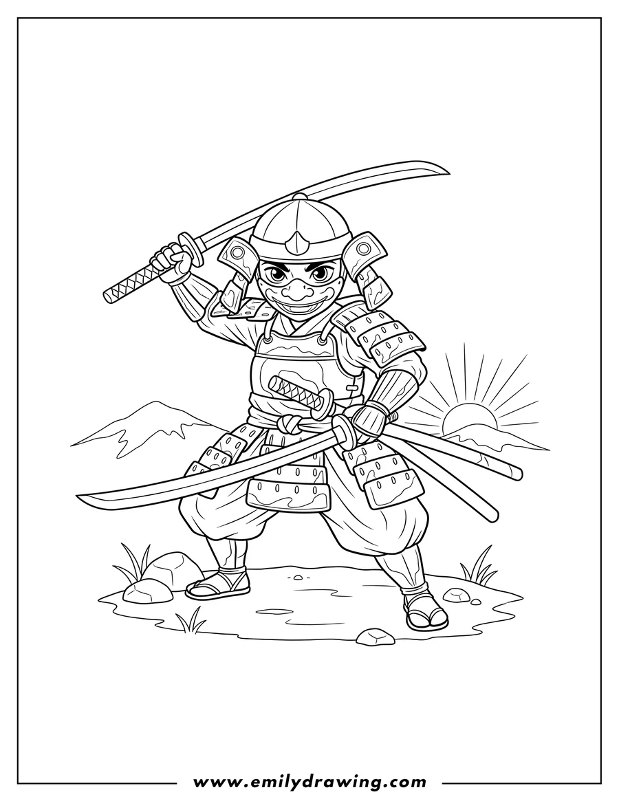 Vector style outline of samurai With Mempo Mask And Two Swords, one held over shoulder and one pointing down, in a ready stance